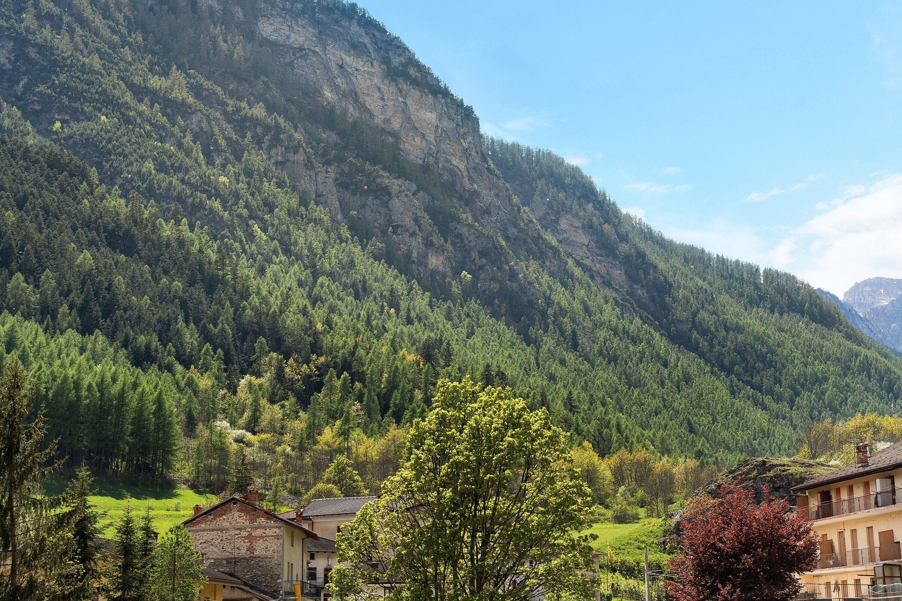Un paisaje montañoso con bosques densos y algunos edificios en primer plano.
