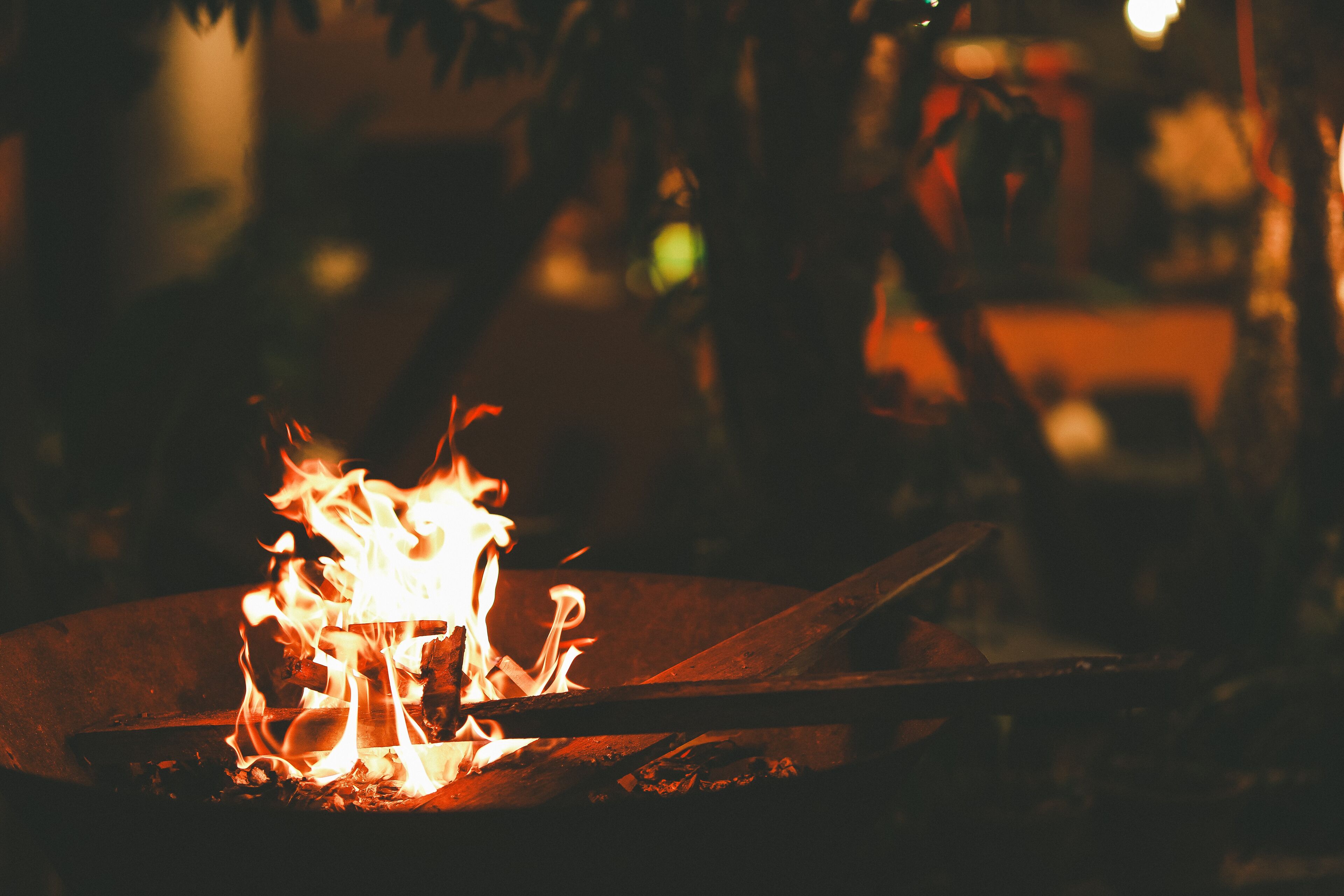 A campfire with logs and flames, surrounded by a dark environment.