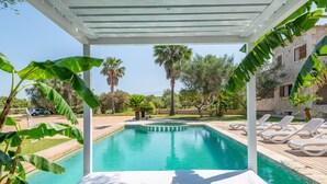 A pool area with a pergola, lounge chairs, and palm trees.