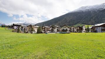Una serie di edifici in stile chalet tradizionale con le montagne sullo sfondo.
