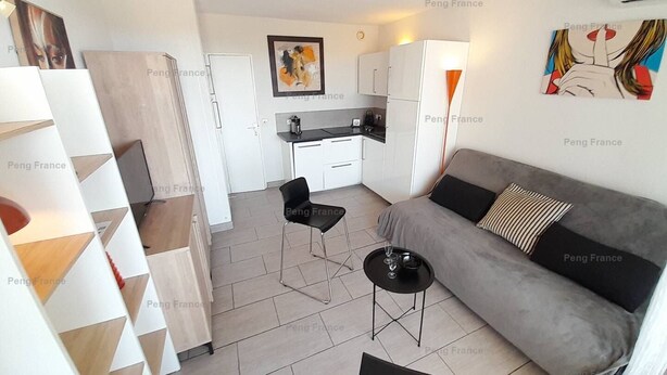A compact living space with a kitchenette, a grey sofa, a black chair, and a small side table. - Apartment TORNADO (LE CAP D AGDE)