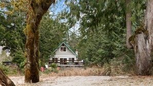 A house with a green roof and white walls, surrounded by dense forest.