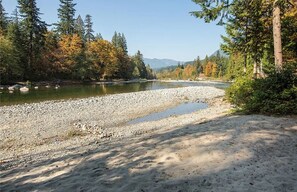A riverbank with pebbles and sand, surrounded by trees and mountains in the background.