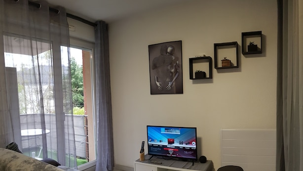 Sala de estar con televisor, sofá, una mesita y un aparador. Hay cortinas en la ventana y una planta en la pared.