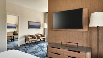 Hypo-allergenic bedding, desk, laptop workspace, blackout curtains