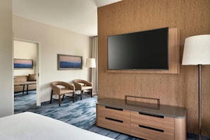 Hypo-allergenic bedding, desk, laptop workspace, blackout curtains