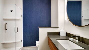 A modern bathroom with a glass shower enclosure, a white toilet, and a vanity with a sink and mirror.