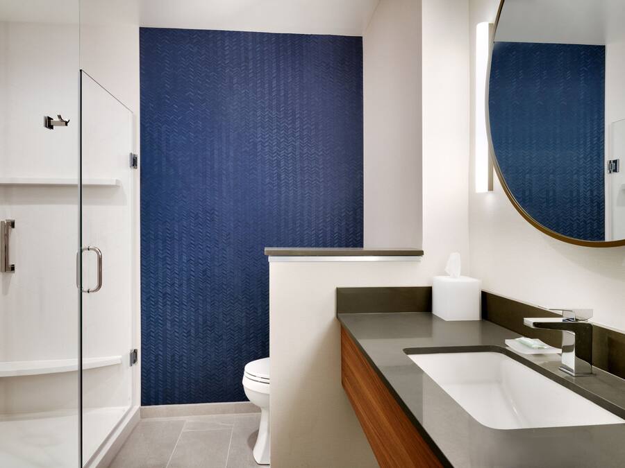 A modern bathroom with a glass shower enclosure, a white toilet, and a vanity with a sink and mirror.