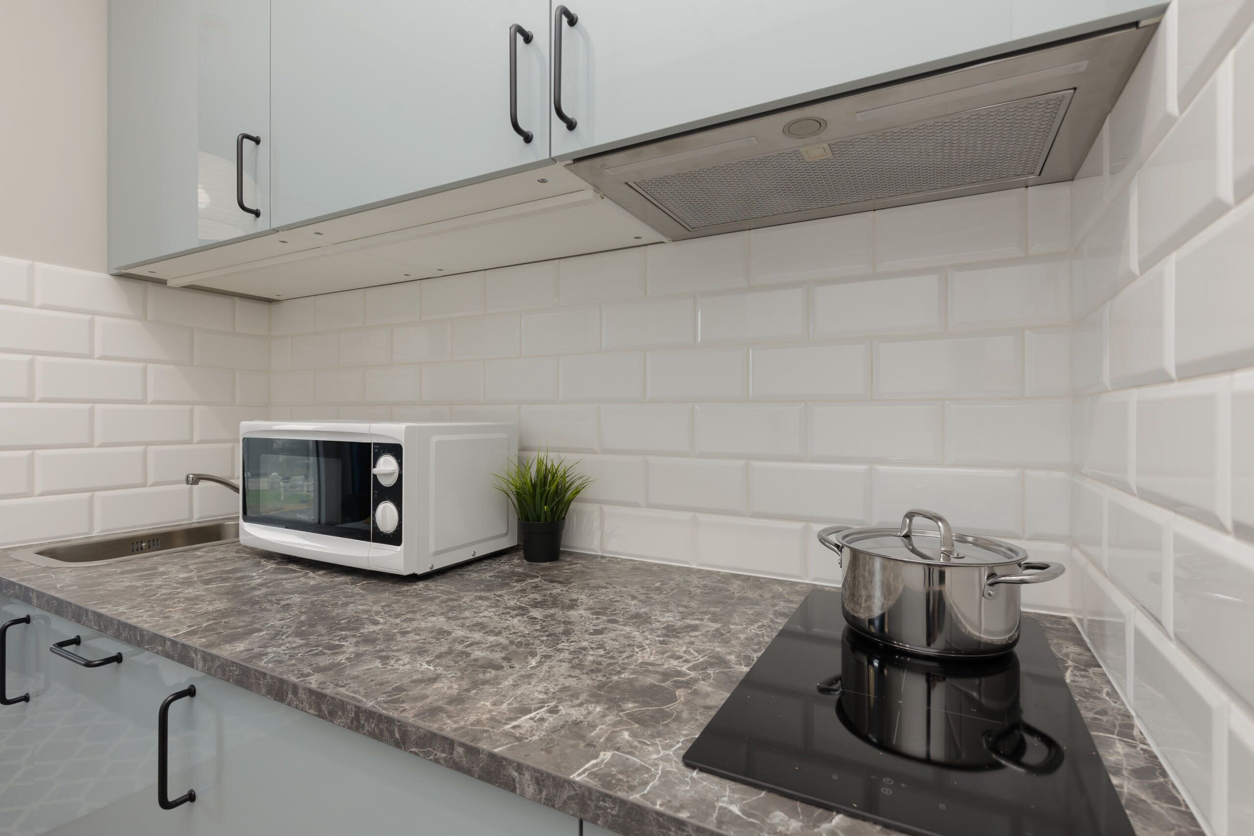 Una cucina con mobili bianchi, un forno a microonde, un fornello e una pianta in vaso.
