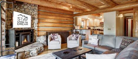 テレビ、暖炉、ビデオライブラリ、ステレオ