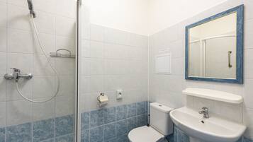 A bathroom with a shower, toilet, sink, and a mirror.