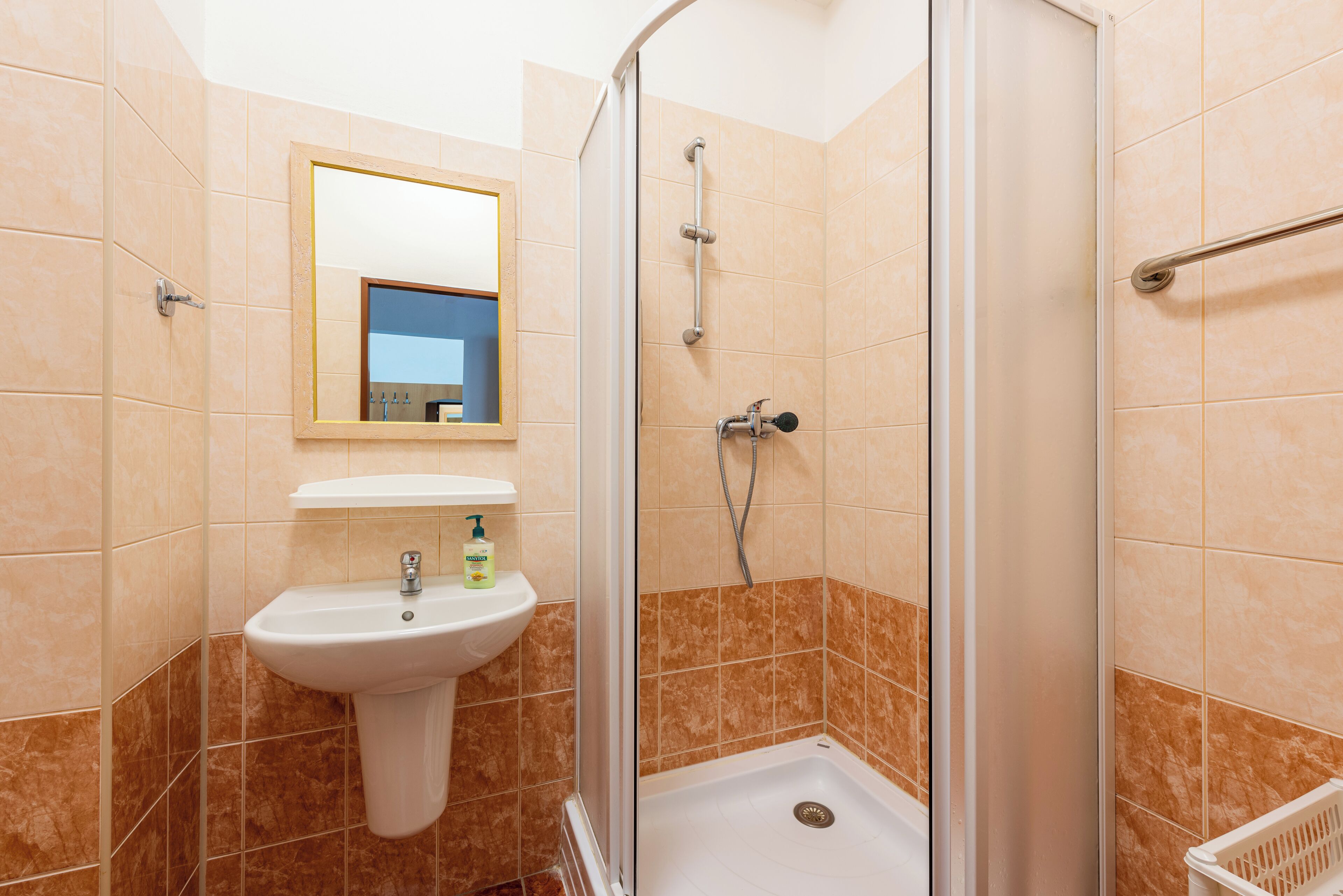 A bathroom with a shower, sink, and mirror.
