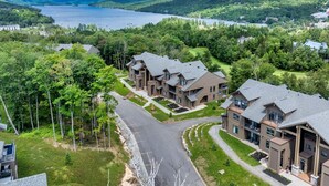 Un quartier résidentiel avec des maisons modernes, une route et un lac en arrière-plan.