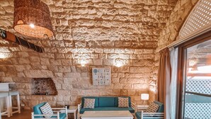 Une pièce chaleureuse avec un mur en pierre, un ensemble de canapés, une table basse et un grand tapis.