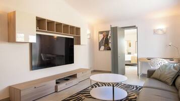 Televisie, een open haard en een tafeltennistafel