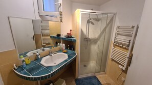 A bathroom with a sink, mirror, and shower.