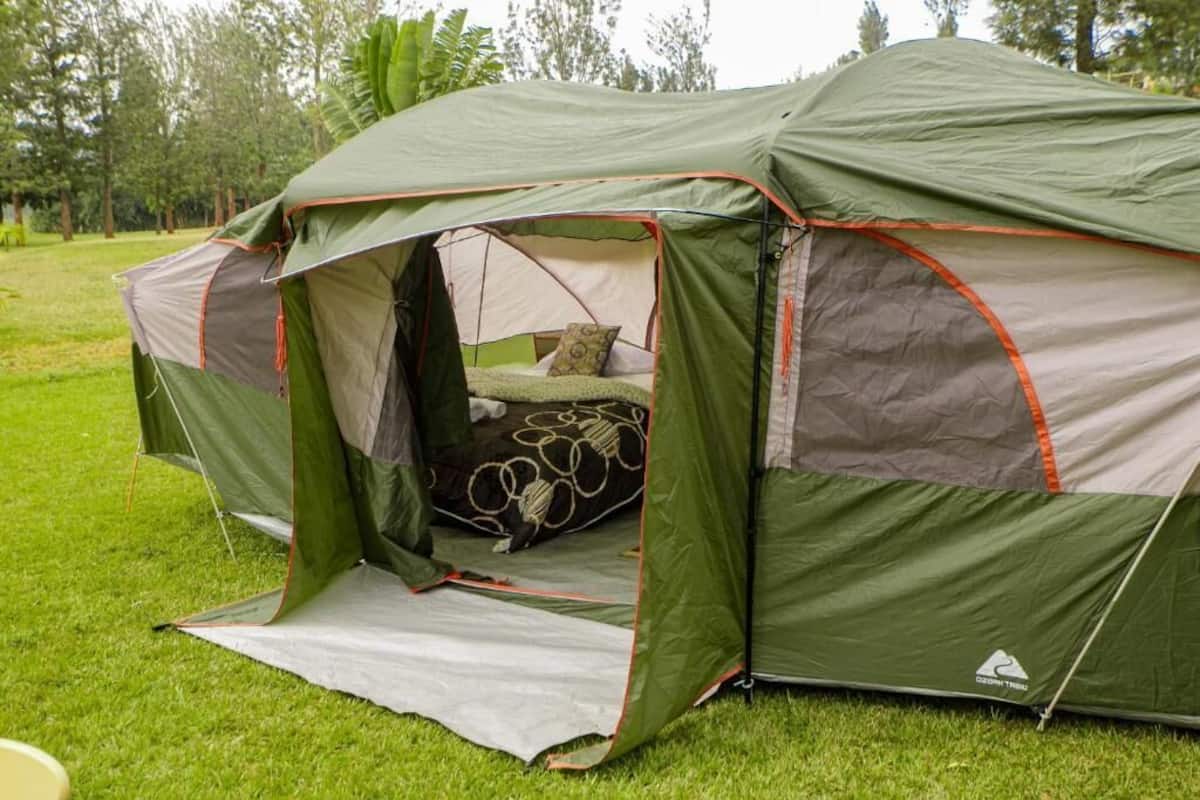 Une tente verte avec un lit à l’intérieur, installée sur un champ d’herbe.