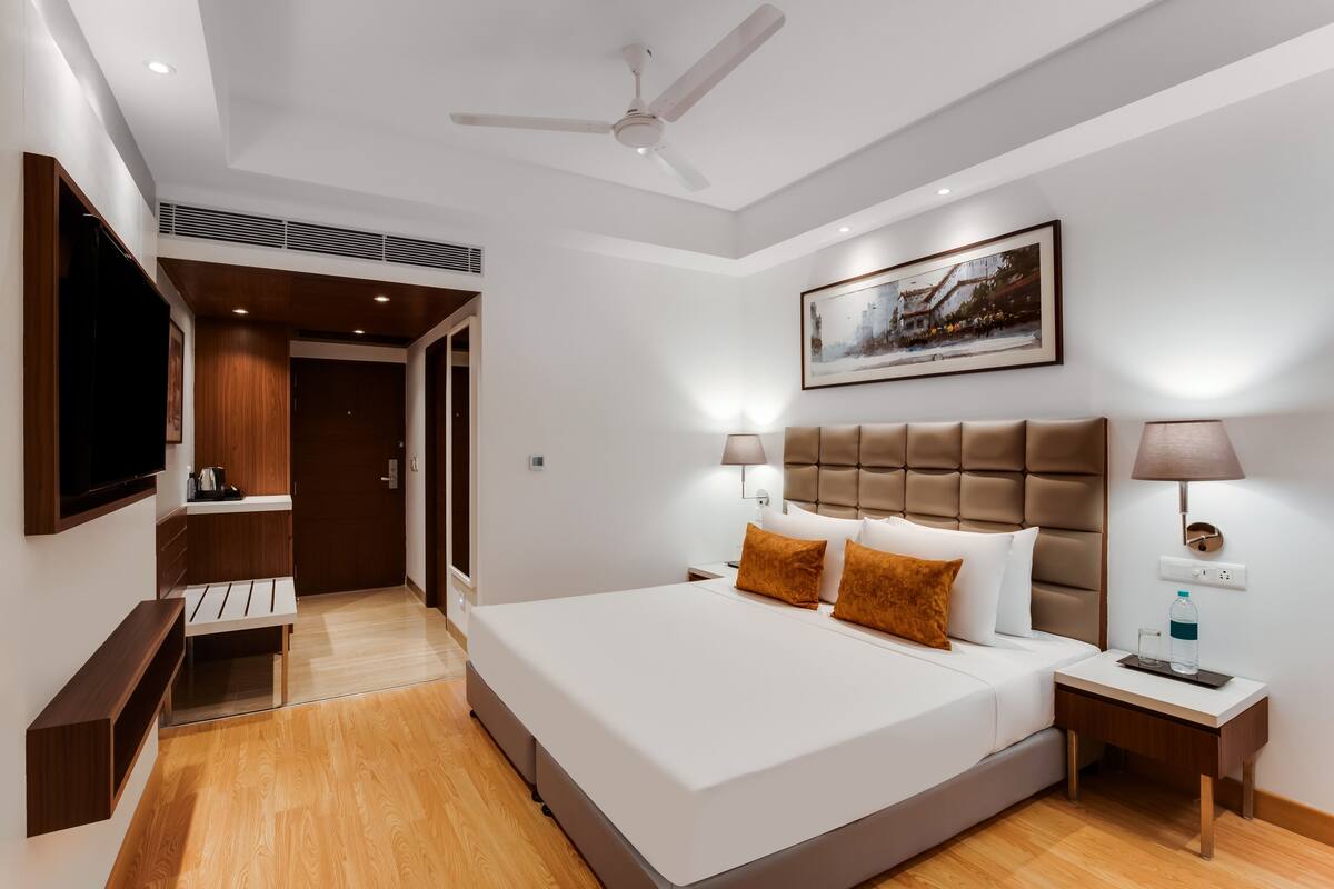 A modern hotel room with a large bed, a ceiling fan, a flat-screen TV, a bedside table with a lamp, and a painting on the wall.