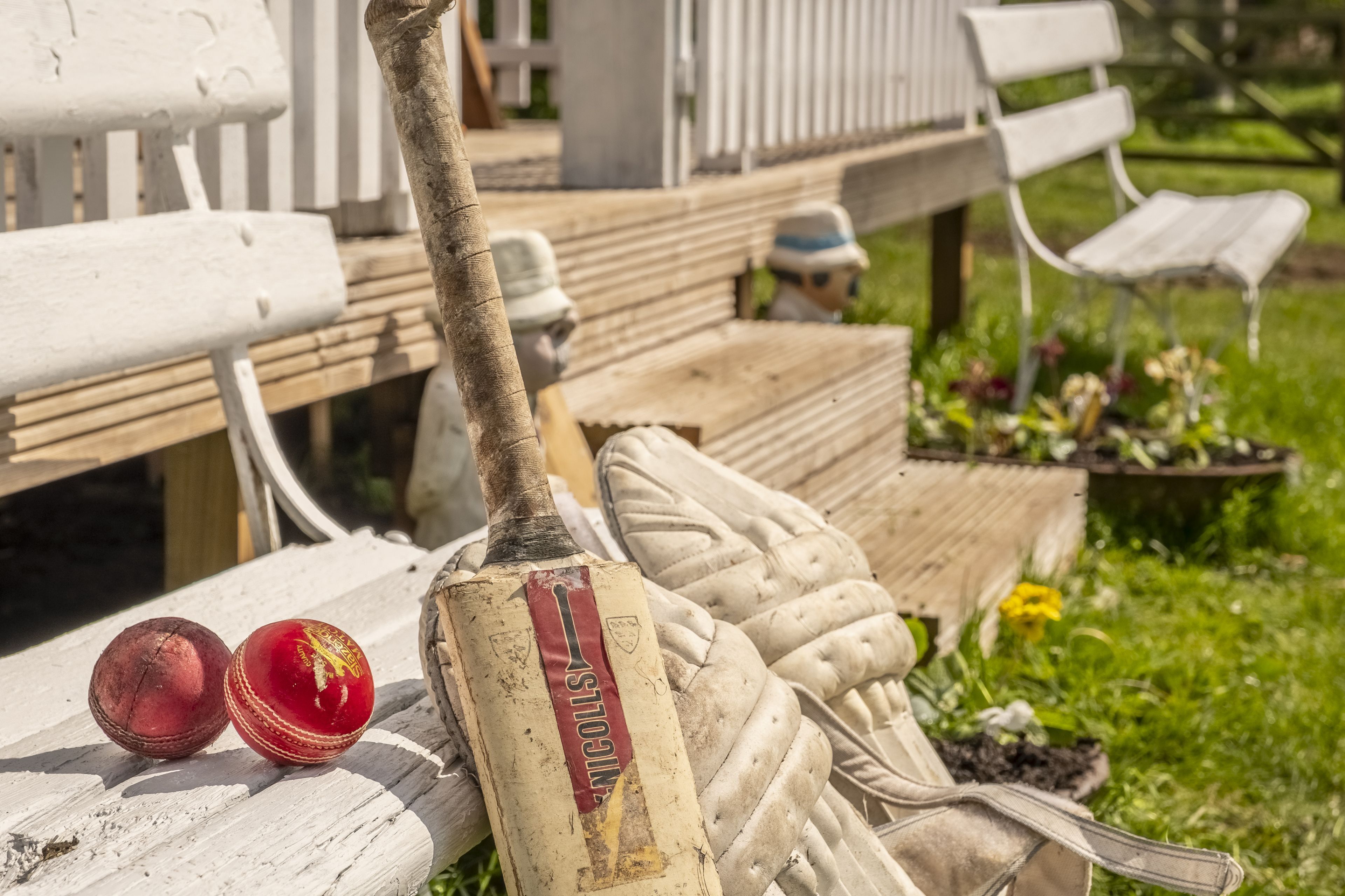 Une batte de cricket et deux balles de cricket sont posées sur un banc en bois, dans un jardin.