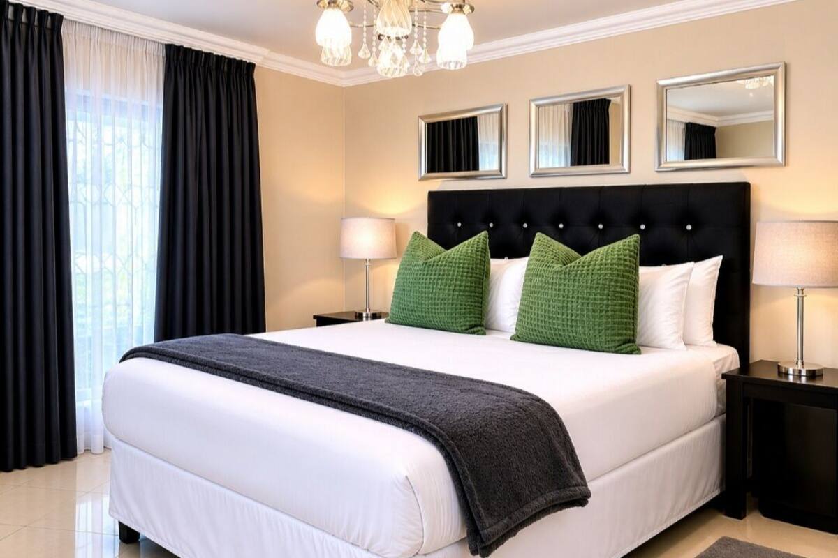 Habitación de hotel con una cama grande, dos mesitas de noche, un candelabro y tres espejos en la pared.