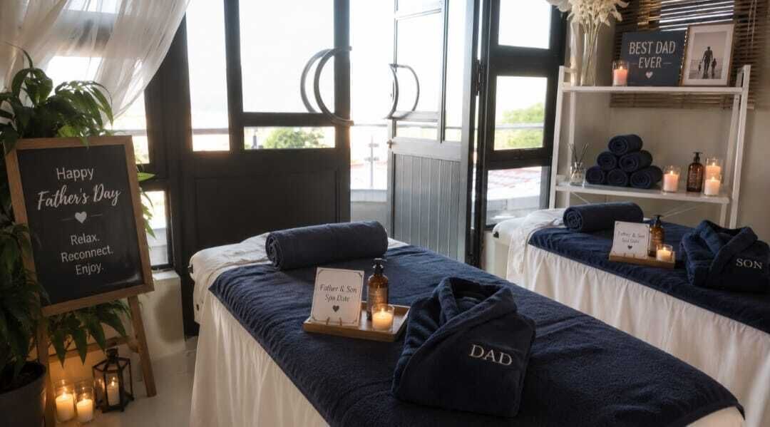 Une chambre avec deux lits, une pancarte sur laquelle on peut lire « Bonne fête des Pères », une petite table avec des bougies et une étagère avec des serviettes pliées.