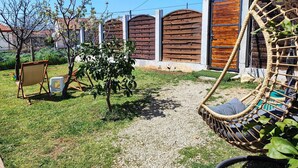 Un jardin avec une balançoire, un petit arbre et une chaise.