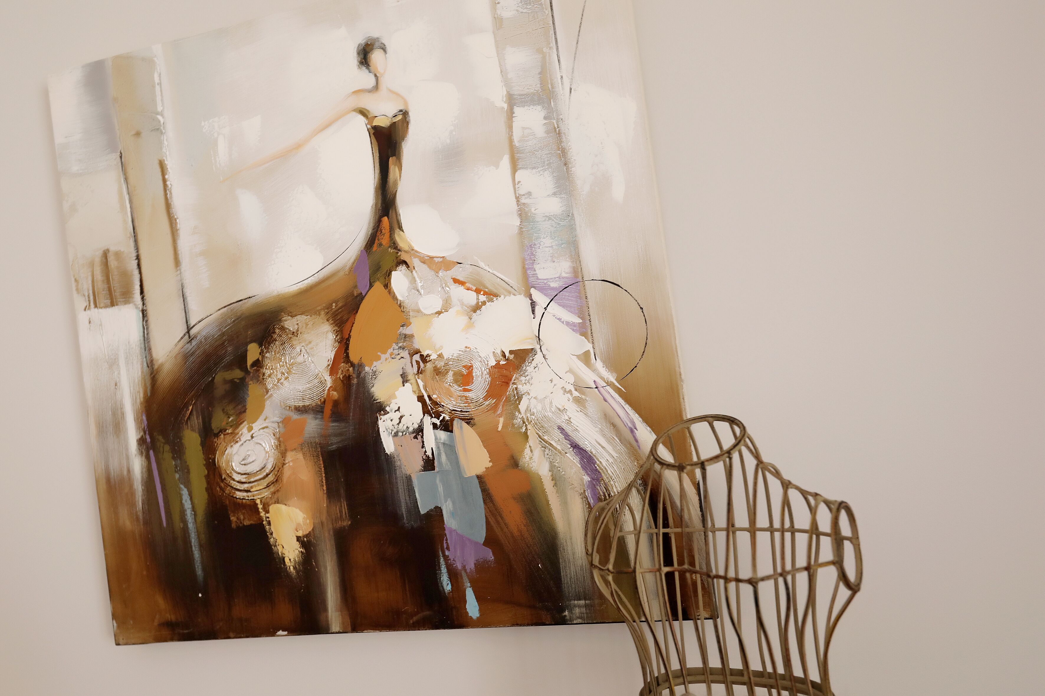 A painting of a bottle with abstract elements and a wireframe chair.