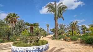 A paved pathway lined with palm trees and benches, leading towards a body of water. - Occidental Mar Menor (Cartagena)