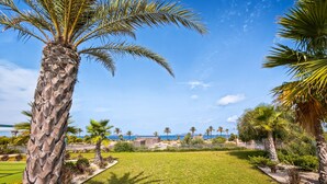 Un jardin bien entretenu, agrémenté de palmiers, d’une pelouse verdoyante et offrant une vue sur la mer.