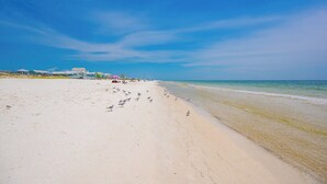 A beach with a clear sky, a sandy shore, and buildings in the background.