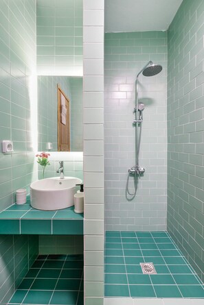 Shower, hair dryer, towels