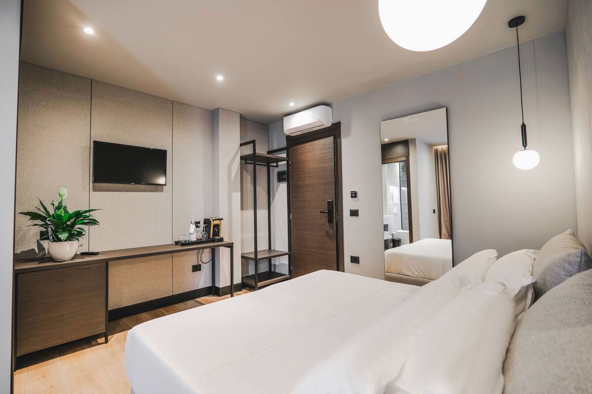 Een moderne hotelkamer met een groot bed, een flatscreen televisie aan de muur, een bureau met een plant en een spiegel die de kamer weerspiegelt.