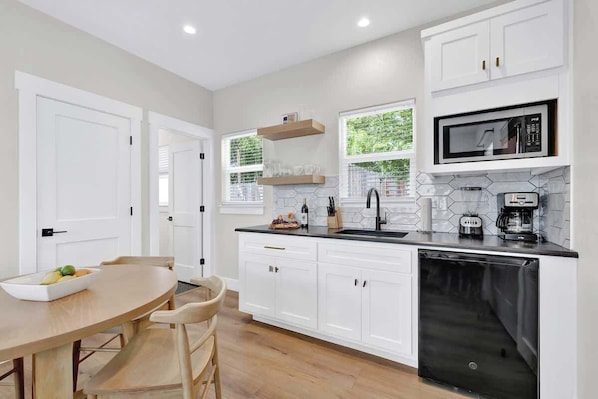 Fridge, microwave, coffee/tea maker, blender