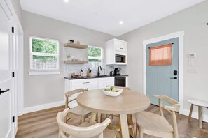 Fridge, microwave, coffee/tea maker, blender