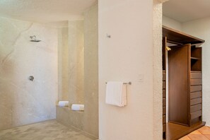 Shower, towels, toilet paper