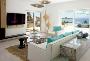 Villa, 5 Bedrooms, Private Pool, Sea View (Infinity Villa) | Living area | 55-inch Smart TV with satellite channels - Nammos Hotel Mykonos (Mykonos)