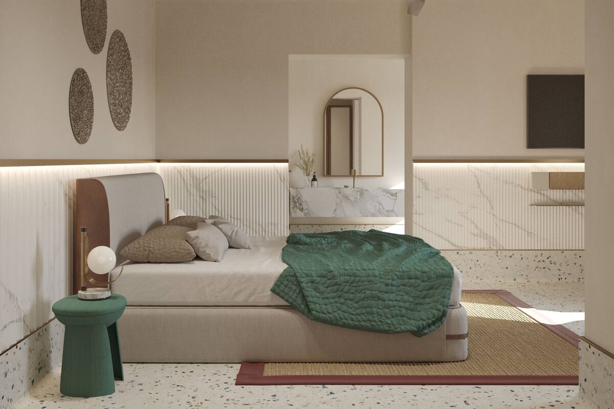 Un dormitorio moderno con cama, ventilador de techo, mesita de noche y espejo.