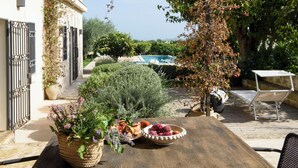 A patio with a table set for dining, surrounded by lush greenery and a pool in the background. - Tenuta La Moresca – Villa with pool, and garden among the olive trees in Noto (Noto)