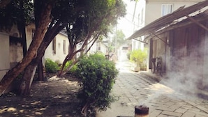 Une ruelle étroite avec un chemin pavé de briques, des arbres et un bâtiment doté d’un toit en métal.