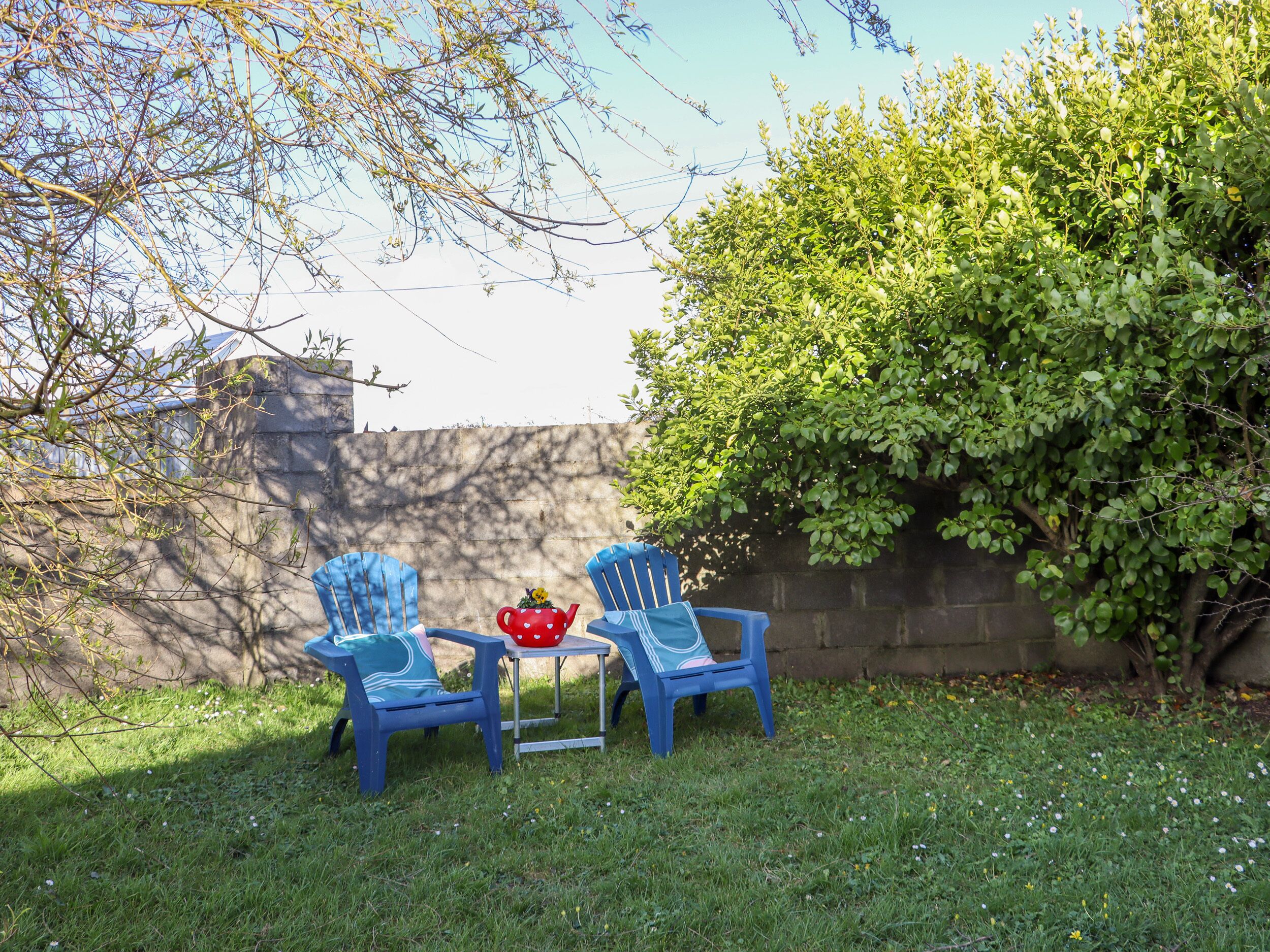 A patio with two blue chairs, a small table, and a red teapot.