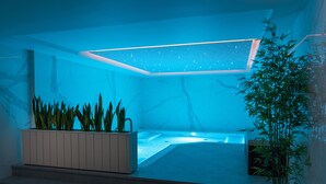 Une salle de spa moderne dotée d’une verrière, d’un jacuzzi et d’une composition florale.