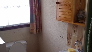 A small bathroom with a toilet, sink, and wooden cabinet.