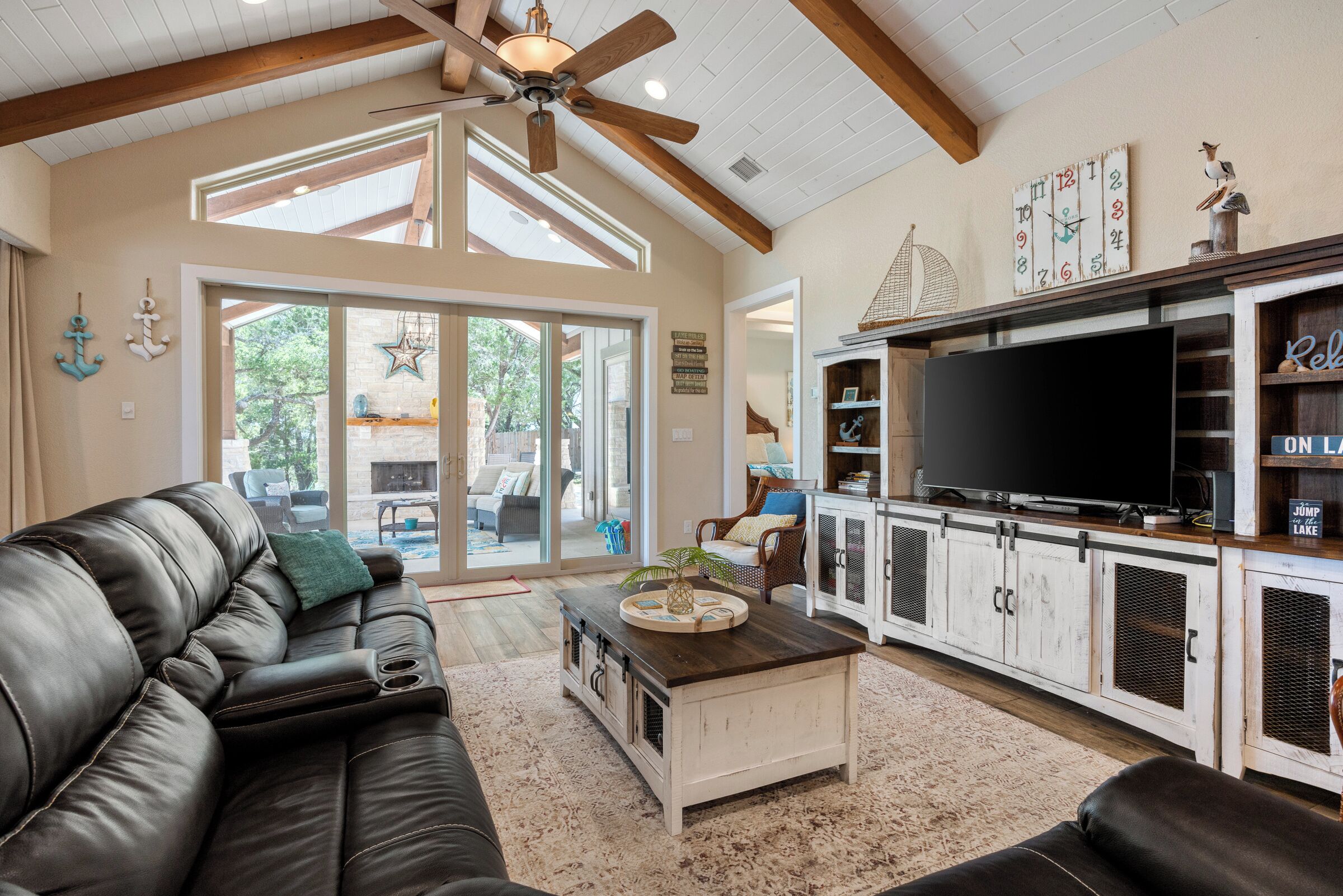 Smart TV, fireplace, DVD player, foosball