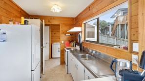 Fridge, microwave, coffee/tea maker, toaster