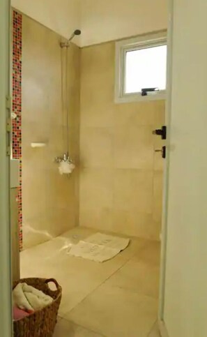 Shower, towels, soap, toilet paper