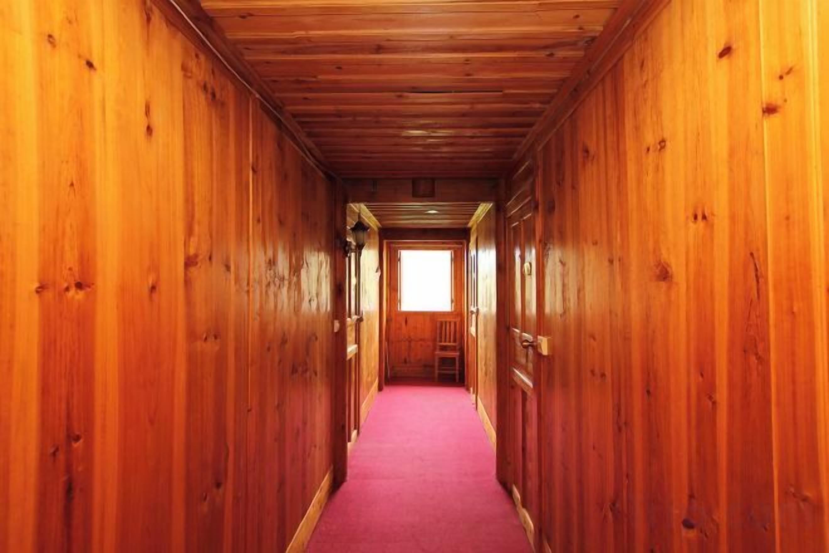 A wooden hallway with a red carpet, wooden walls, and a window at the end.