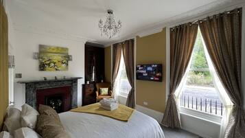 A hotel room with a bed, a fireplace, a TV, and a view of the outside.