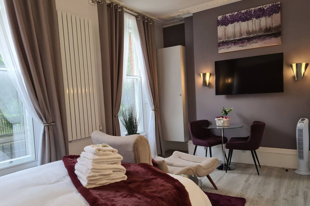 A hotel room with a bed, a desk, two chairs, a TV, and a radiator.