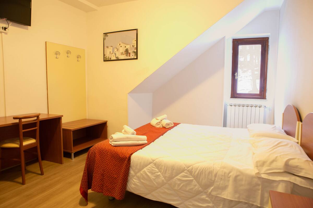 A bedroom with a bed, a desk, a chair, a radiator, and a window.