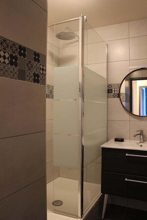 Shower, hair dryer, towels, toilet paper